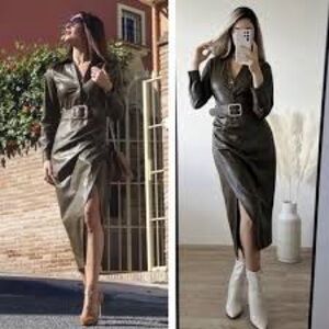 ZARA Khaki Green Faux Leather Shirt Dress with Belt Size S